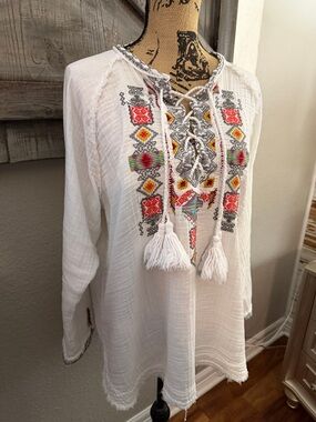 Johnny Was White Embroidered Lace-Up Tunic with Tassels